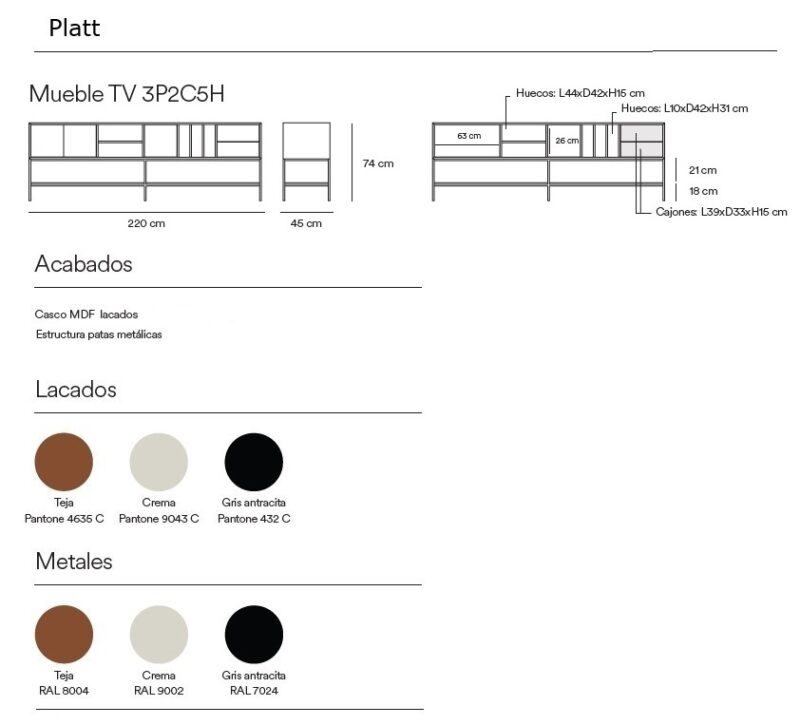 Platt - Aparador/Mueble TV de 220 cm, Crema - Imagen 7